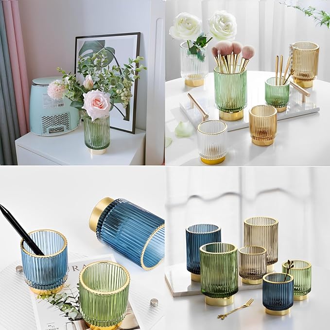 Makeup Brush Holder Organizer, Heavy Crystal Glass Brush Storage Holder, Vintage Cosmetic Make Up Bathroom Brushes Cup Pen Pencil Toothbrush Holder Striped Vase (Large (green))