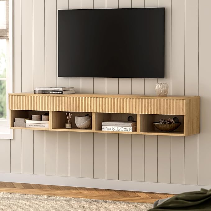Floating Nightstands Set of 3 with Drawer and Open Shelf, Small Wall Mounted Bedside End Table, Modern Fluted Night Stand for Bedroom, Living Room, Natural Oak