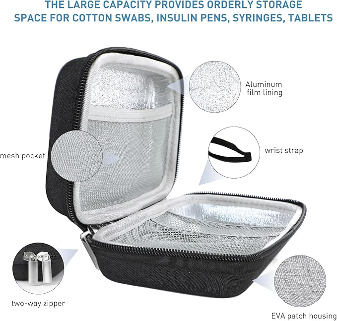 Insulin Cooler Travel Case,EVA Insulation Travel Medicine Kit with 2 Ice Packs for Diabetes Care,Insulin Pen and Other Diabetic Supplies (Black)