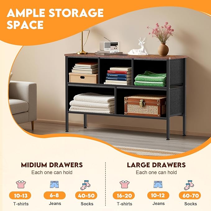 Curved Profile Dresser for Bedroom, Chest of Drawers, 5 Storage Drawers Organizer Unit, Black Dresser with Fabric Bins for Closet, Living Room, Kid Room (Black and Rustic Brown)