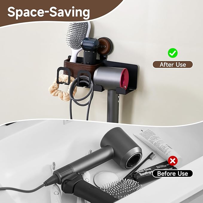 Hair Dryer Holder Wall Mount with Suction Cup, No-Drill Metal Blow Dryer Holder, Hair Accessories Tools Organizer Rack with 2 Toothbrush Hanger & Shelf, Walnut Finish for Bathroom