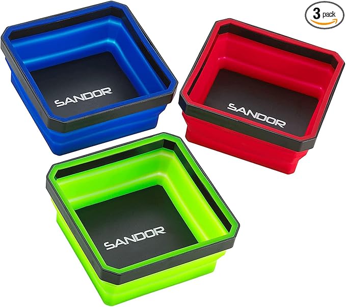 SANDOR Collapsible Magnetic Parts Tray Set - (Pack of 3) Tool Trays for Screw, Bolts, Nuts, Washers, Pins and Other Small Metal Parts - 4.25 Inch Square - Red, Blue, and Green