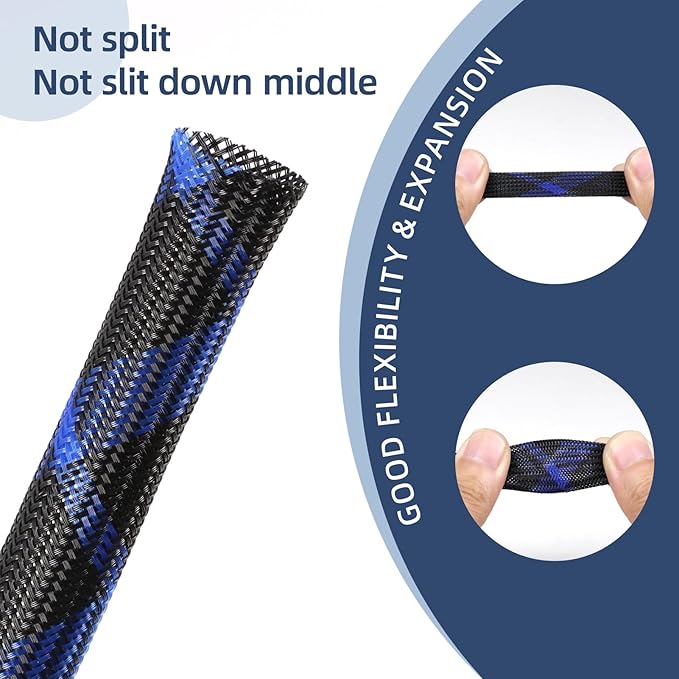 Expandable Braided Sleeving, PET Automotive Wire Loom, Flexible Cable Management for Audio Video and Other Home Device, Cord Protector from Pets (Black Blue, 3/8" x 25ft)