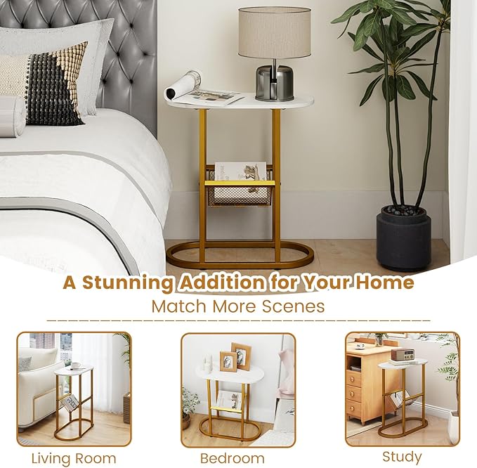 Tangkula Oval Narrow Side Table, 2-Tier End Table with Mesh Magazine Rack, Steel Frame, Industrial Nightstand, Compact Sofa Bedside Table for Living Room Bedroom, White & Gold