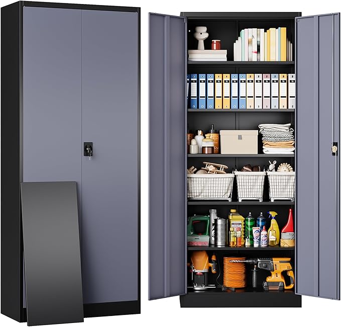 SISESOL Metal Storage Cabinet with 2 Doors and 6 Shelves,Gray Metal Cabinet with Lock,71" Lockable Garage Storage Cabinets,Locking Steel Cabinets for Home,Office,Garage,School