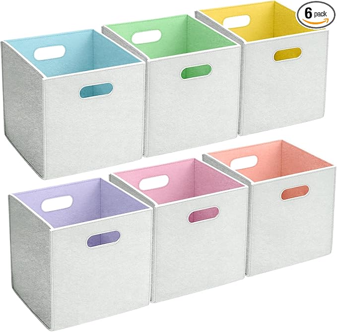 6 Pcs 11 Inch Colorful Felt Storage Cubes with Handle, Collapsible Fabric Storage Cubes Toy Bins Foldable Baskets for Nursery, Playroom, Kids Room, Toys, Books, Clothes(Gray-macaron)
