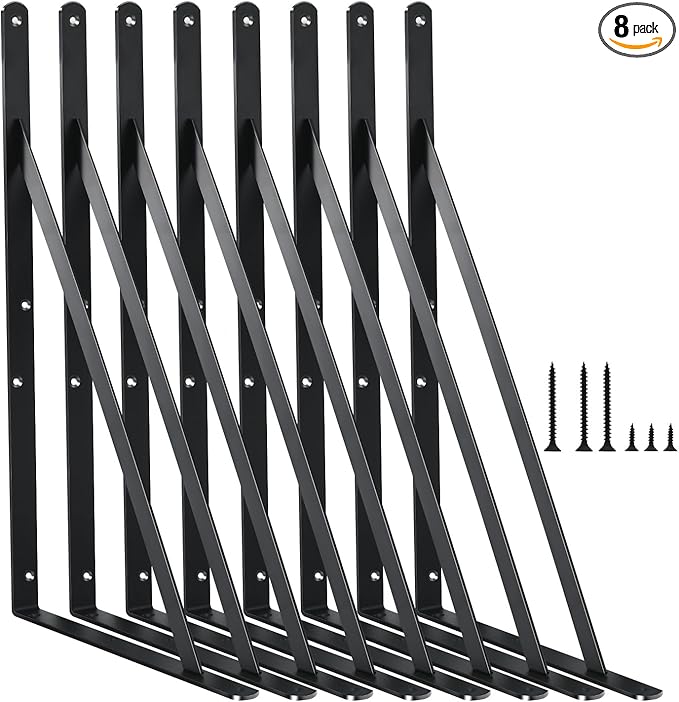 8 Pack L18 x H 12" Black Heavy Duty Shelf Brackets with Screws Metal Shelf Brackets Shelf Support Angle Brackets for Shelves L Brackets Heavy Duty Floating Shelf