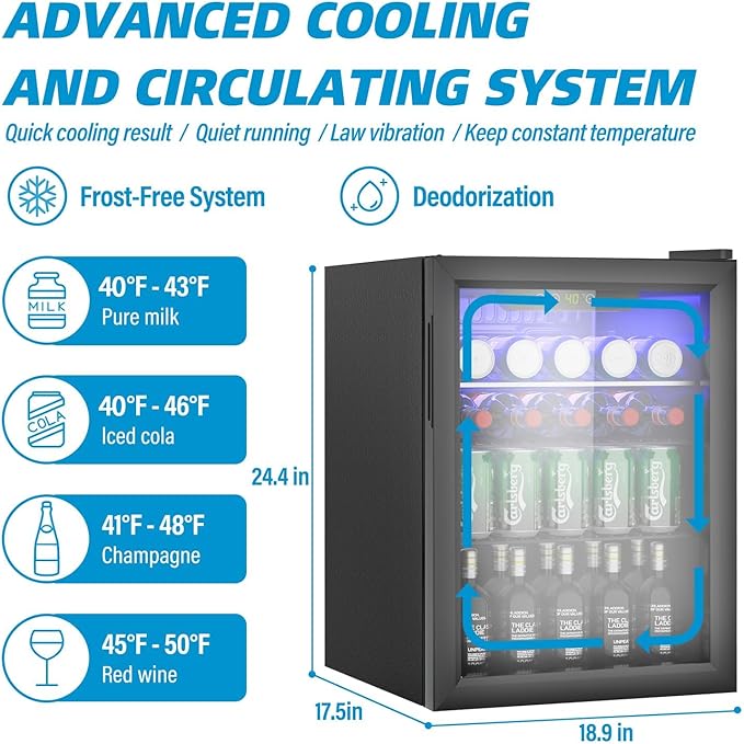 Compact Beverage Refrigerator,95 Can/2.6 Cubic Feet Fridge with Glass Front Door for Soda, Beer or Wine, Under Counter Small Refrigerator with Adjustable Shelve & Digital Display(Black)