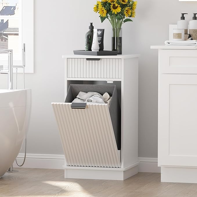White Tilt Out Laundry Hamper Cabinet Hidden Laundry Hamper Cabinet with Drawers and Baskets for Bathroom Hamper with Storage for Kitchen Bedroom,16x16x30in