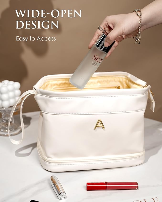 Teen Girl Gifts Trendy Stuff, Initial Makeup Bags, Personalized Double Layer Cosmetic Bag with Makeup Brush Organizer, Grandma Birthday Gifts, PU Leather Toiletry Bag, Gifts for Women Friend