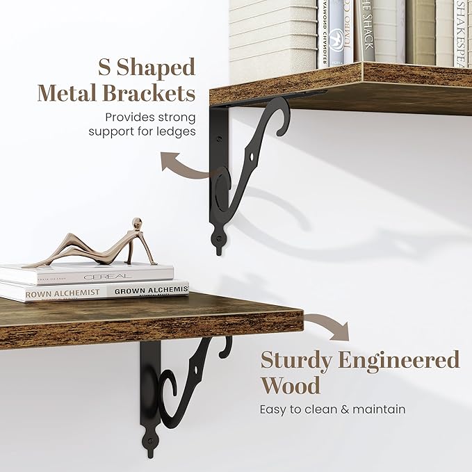 16 Inch Deep Floating Shelves for Wall, 12 Inch Deep Floating Shelf with Bracket, Wall Shelves 16 Inches Long, Wide Display & Storage Shelves for Living Room, Bathroom, Bedroom, Rustic Brown, Set of 2