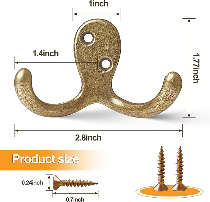 25 Pack Coat Hooks Wall Hooks for Hanging, Heavy Duty Double Prong Metal Hook Wall Mounted for Living Room, Bathroom, Kitchen, Bedroom for Coat, Bag, Scarf, Towel, Hat, Key, Cup (Bronze)