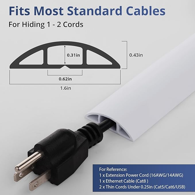 ZhiYo 3.6ft Cord Covers for Wires on Floor, Cord Hider Floor Hide Extension Cords, Soft PVC Cable Cover Cable Protector, Wire Cavity W0.62in H0.31in, White