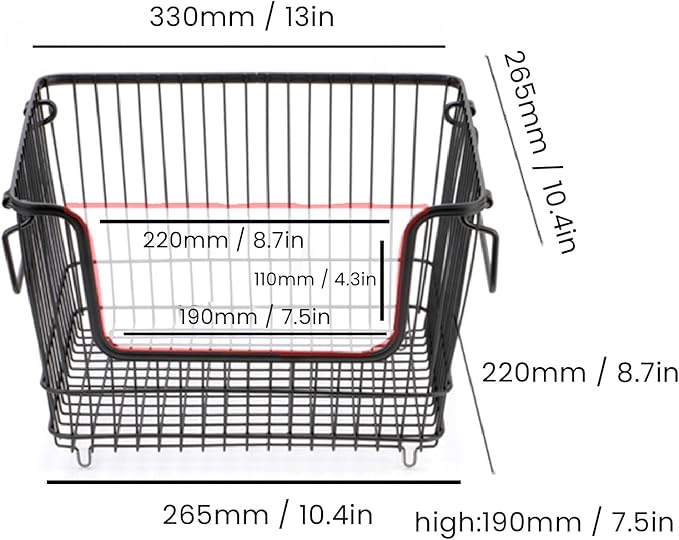 Freezer Organizer Bin, Stackable Wire Basket for Freezer, Heavy Duty Metal Storage Basket with Easy Access Front Opening, for Fruits Meat Vegetables in Kitchen Home Use, Bl