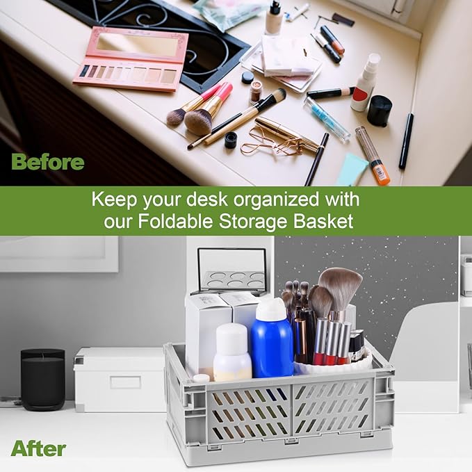 4-Pack Small Pastel Plastic Storage Baskets, Collapsible Crates for Organizing, Space-Saving Mini Bins for Classroom, Kitchen, Office, Bedroom (Grey, 9.8" x 6.5" x 3.8")