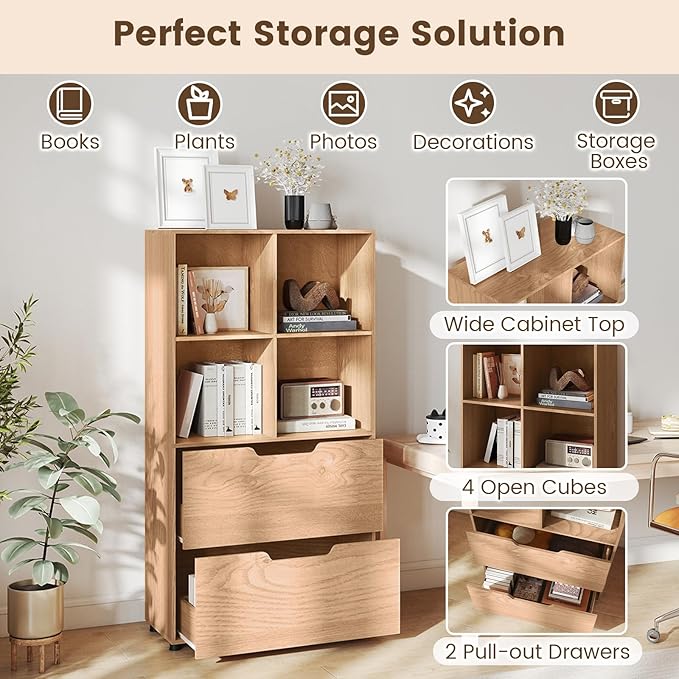 GOFLAME 4-Tier Bookcase with 2 Drawers, 51” Tall Bookshelf with 4-Cube Open Shelf, Wood, Modern, Freestanding Display Storage Organizer Shelf for Living Room, Home Office (2,Natural)