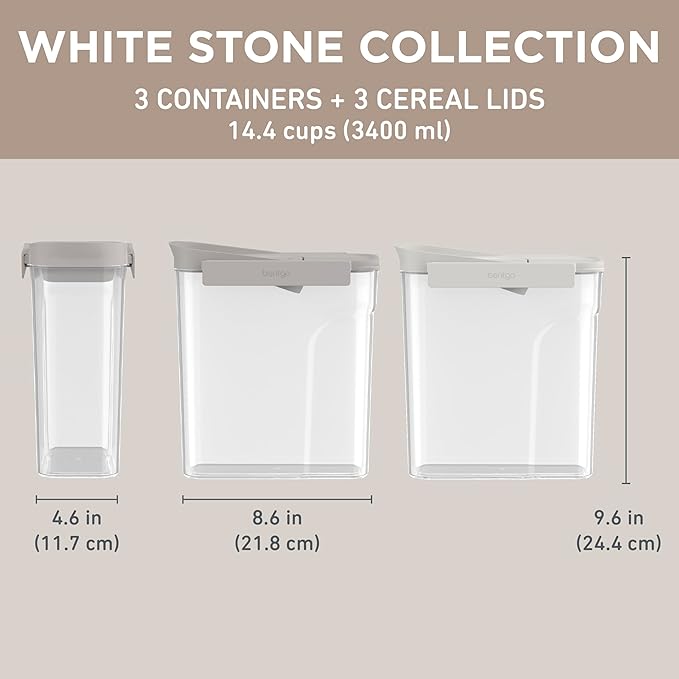 Bentgo Pantry - 6-Piece Airtight Cereal Containers, Easy Push & Pour Lid, Stackable & Clear BPA-Free Storage, Locking Lids for Freshness – Ideal for Kitchen & Pantry Organization (White Stone)