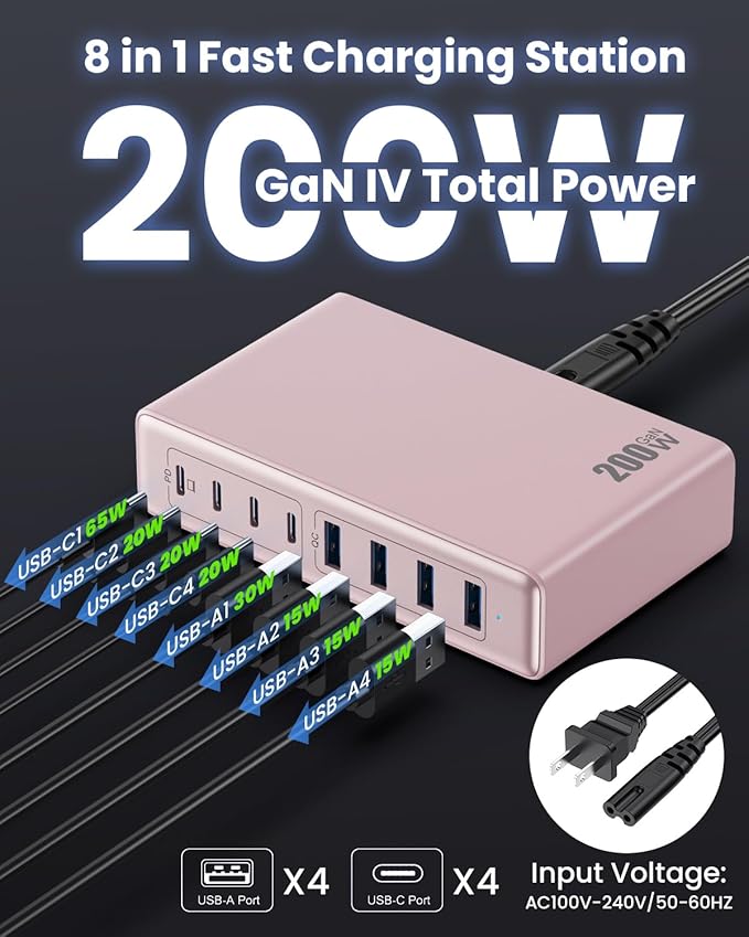 200W USB C Charger Block,GaN IV Charging Station 8 Ports,QC4.0 Fast Charging Station Hub+PD 65W USB C Laptop Charger Adapter Compatible with MacBook Air/Pro,DELL,iPhone 17/16/15,iPad,Steam Deck-Pink