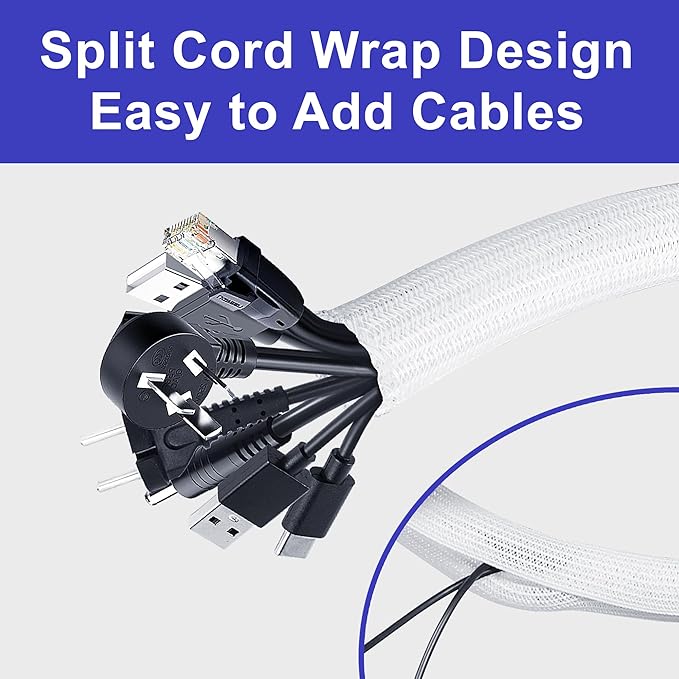 Cable Management Sleeves 1in - 2 Pack 6.6ft Split Braided Cable Sleeve White, Cord Protectors from Pets, Wire Organizers for Cords, Flexible Cord Wrap Wire Sleeve for Computer Cord Organizer