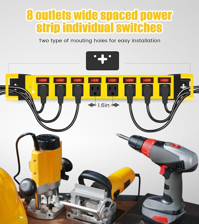 Heavy Duty Power Strip with Individual Switches,8 Outlets 14 Gauge Industrial Shop Garage Metal Multiple Outlets,1200J Surge Protector Mountable Power Strip,15FT Extension Cord Management (Yellow)