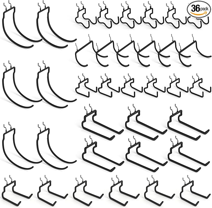 INCLY 36 Pack Heavy Duty Pegboard Hooks, 1/4" Pegboard Drill Holder Tool Utility Hooks, Peg Board Tool Hangers Accessories for Hanging Power Tools, Drill, Hammer, Workbench, Garage