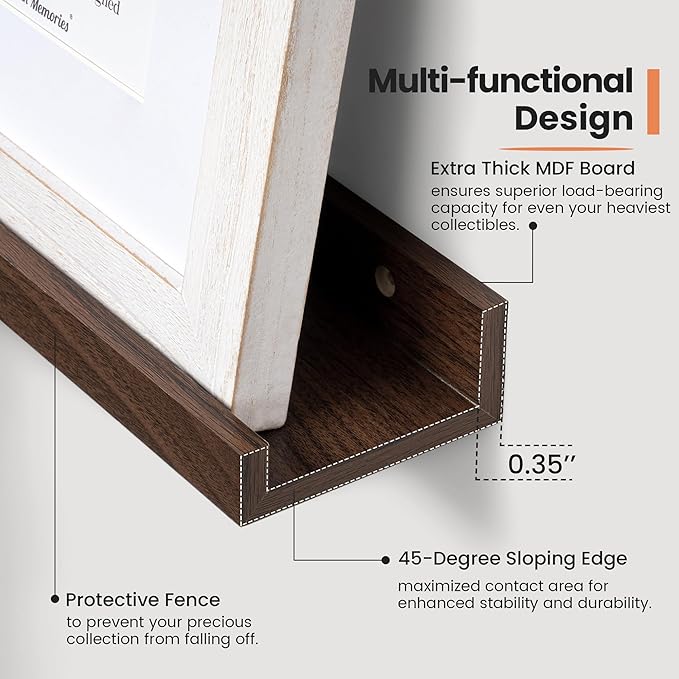 Fun Memories Picture Ledge Shelf, 48 Inch Long Floating Shelves Set of 6, Picture Shelf for Wall with Lip, Large Nursery Book Shelves for Storage, Wall Shelves for Living Room Bedroom Kitchen, Walnut