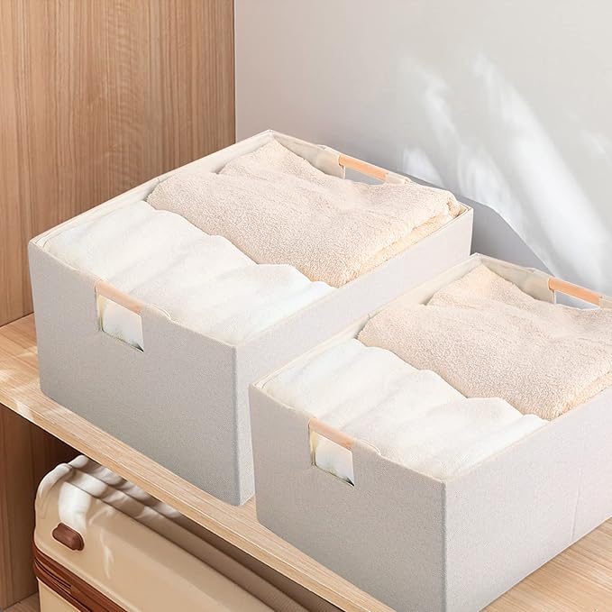 Fabric Storage Bin 3 Pack Foldable Cotton Linen Storage Basket with Wooden Handles Rectangular Cube Box - Beige, Small