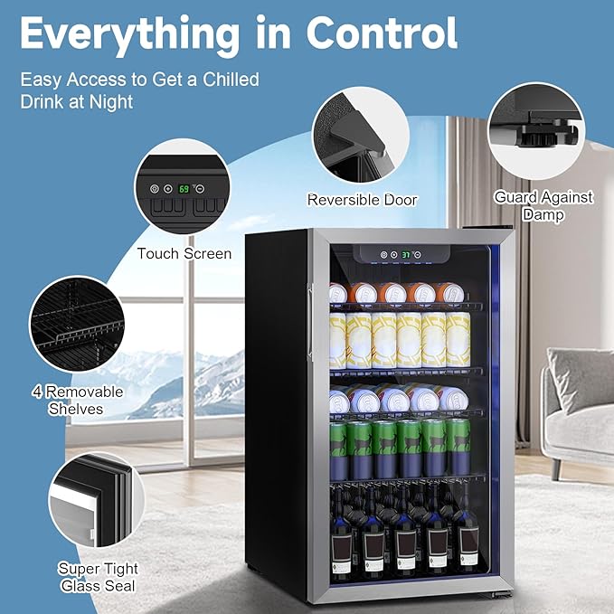 Stopasd Beverage Refrigerator Cooler, 3.2 Cu.Ft/126 Can Drink Fridge with Adjustable Shelves & Glass Door for Soda Wine Beer, Quiet Undercounter Small Fridge for Home/Office/Bar/Garage(37-61 ℉),Sliver