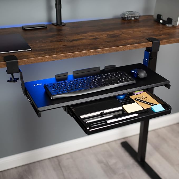 VIVO Large Clamp-on Height Adjustable Keyboard Tray, Pull Out Platform, Pencil Drawer, 27 (33 Including Clamps) x 11 inch Slide-Out Tray Storage Drawer, Black, MOUNT-KB05-4DH