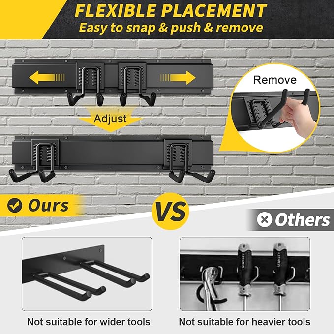 48" Garage Tool Organizer Wall Mount, 440lbs Garden Garage Storage Garage Organization with Adjustable Heavy Duty Hanging Hooks, Yard Rack Hanger System Shovel Rake Broom Ladder Holder, Men Gift