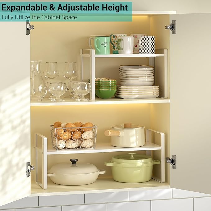 Expandable Cabinet Organizer Shelves, 88lbs High Weight Capacity, Heavy-Duty Metal Storage Rack, Adjustable Cabinet Shelf for Kitchen, Pantry, Cupboard, Under Sink, White, Patent Pending