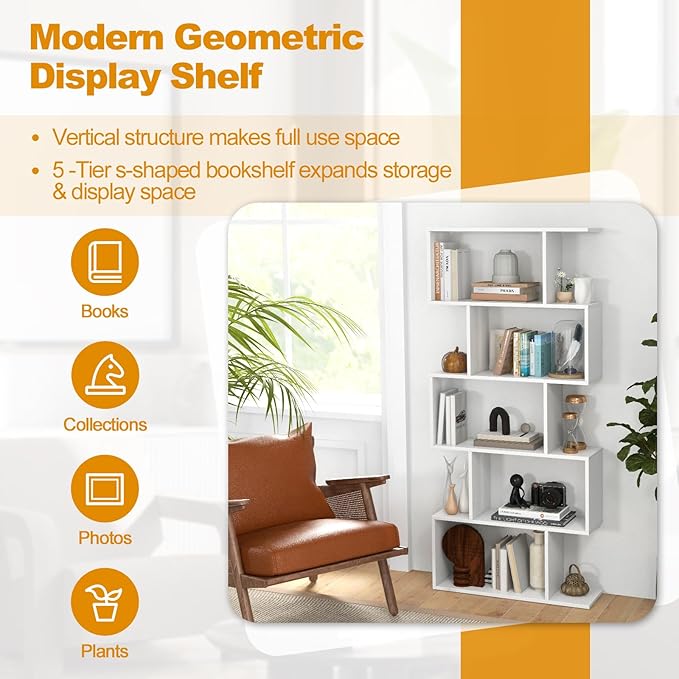 5-Tier Geometric Bookcase Set of 2, 62.5” Freestanding Room Divider Bookshelf with Open Display Shelves & Anti-tip Device, Wood S-Shaped Storage Organizer for Living Room, Bedroom & Home Office