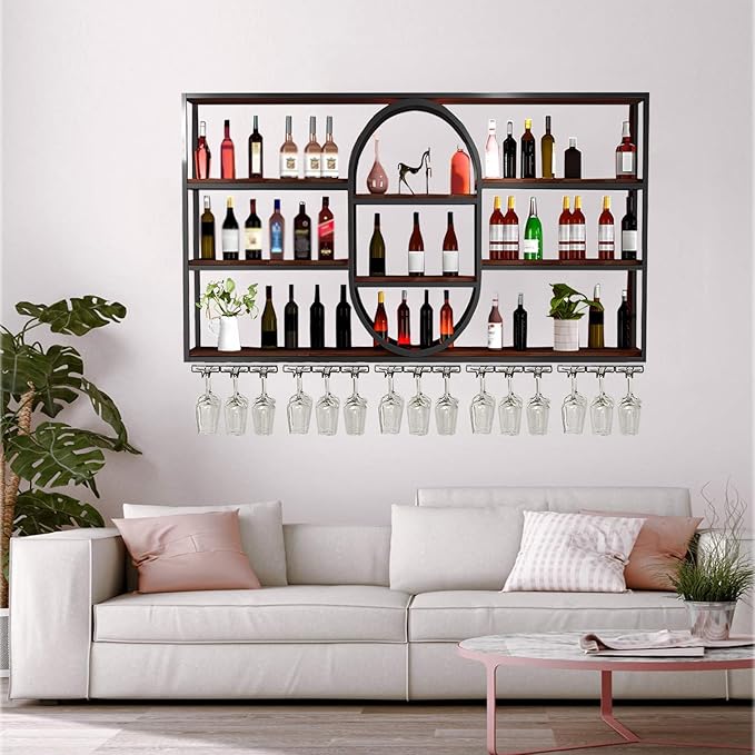 Large Wall Mount Wine Rack, Metal 4 Tier Large Capacity Hanging Bar Rack with Wine Glass Holder, Oval Wine Bottle Storage Display Rack for Kitchen, Living Room, Home (Black, 180cm/71in)