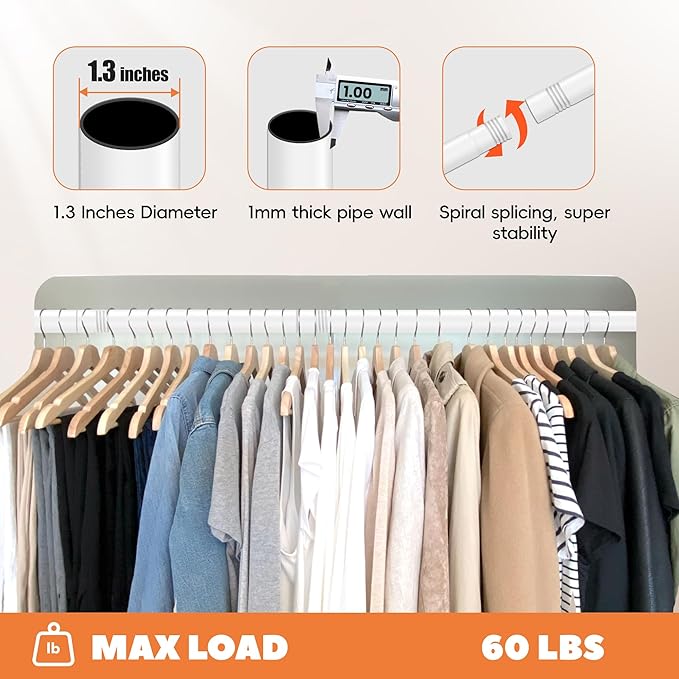 Closet Rod 30-63 Inches, Adjustable Heavy Duty Metal White Closet Rods for Hanging Clothes 1.3 Inches Diameter for Wardrobes Laundry
