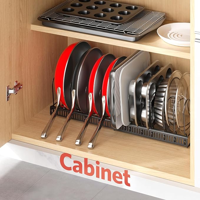 ORDORA Pots and Pans Organizer under Cabinet with Pan Holder: Expandable 11.8"-22.8" Kitchen Cabinet Organizer Rack, 12 Adjustable Dividers Storage for Cookie Sheets, Cutting Boards & Lid Cookware