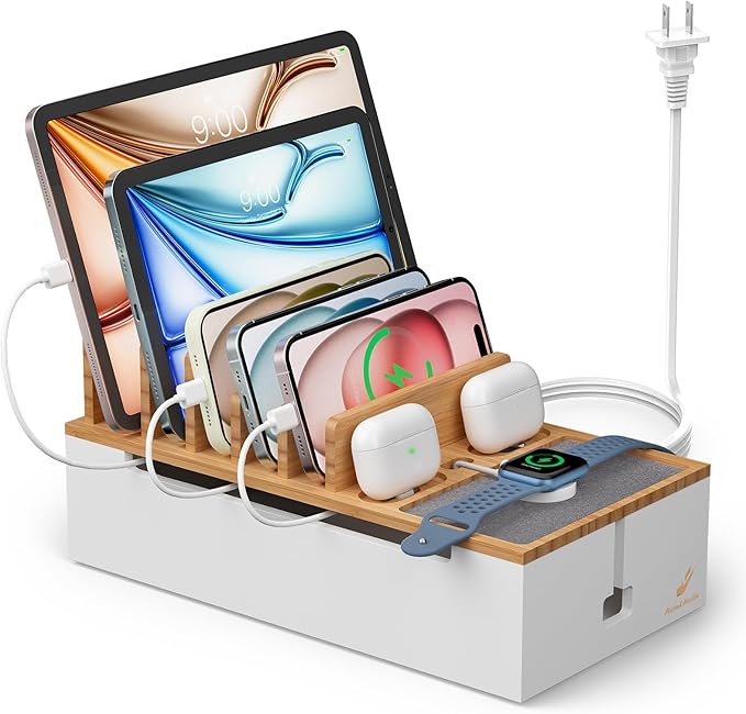 Pezin&Hulin Multi Devices Charging Station, With USB Adapter and 6 Cables, Cord Organizer for Desk, Cell Phone Charger Dock to Management Cables and Power Strip, Desktop Cord Hider Box -Natural +White