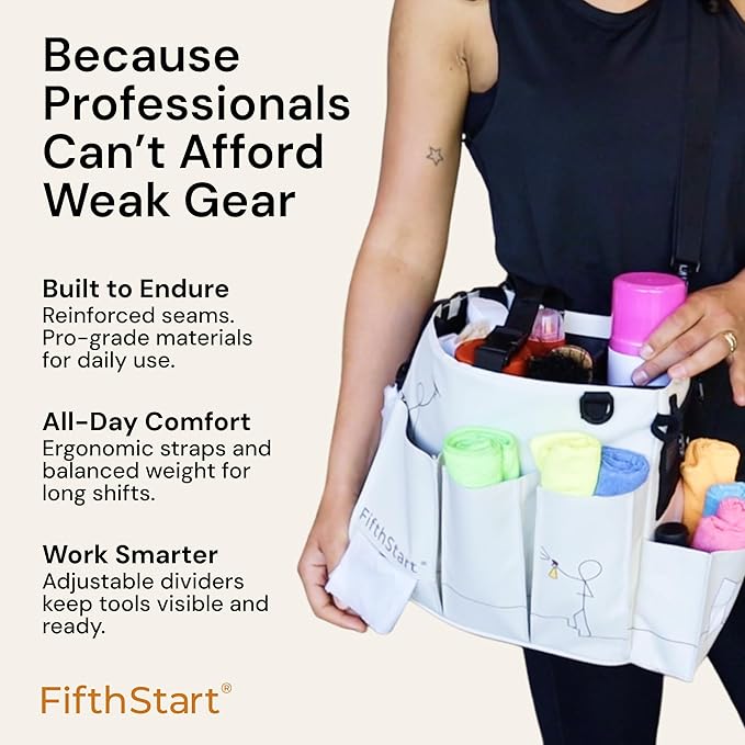 FifthStart Multiuse Cleaning Caddy with Waist, Shoulder Strap 9 Pockets, Mesh Base & Adjustable Compartments - Cleaning Caddy - Cleaning Supplies Organizer (Blue, Small)
