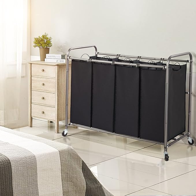 STO STO Laundry Sorter 4 Section, 4 Bag Laundry Hamper, Rolling Laundry Cart, Laundry Basket with Heavy Duty Lockable Wheels and Removable Bag for Clothes Storage, Black