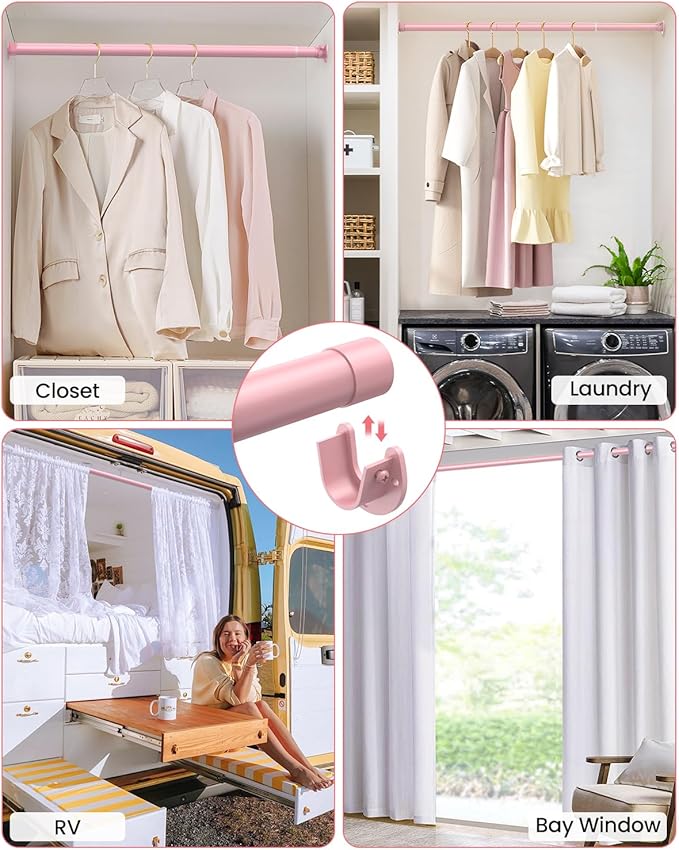 Closet Rods for Hanging Clothes, 17 to 69 Inches Stepless Adjustable Metal Closet Rod, 1.3 Inches Heavy Duty Clothes Hanging Rod for Closet Wardrobes Laundry RV, Pink