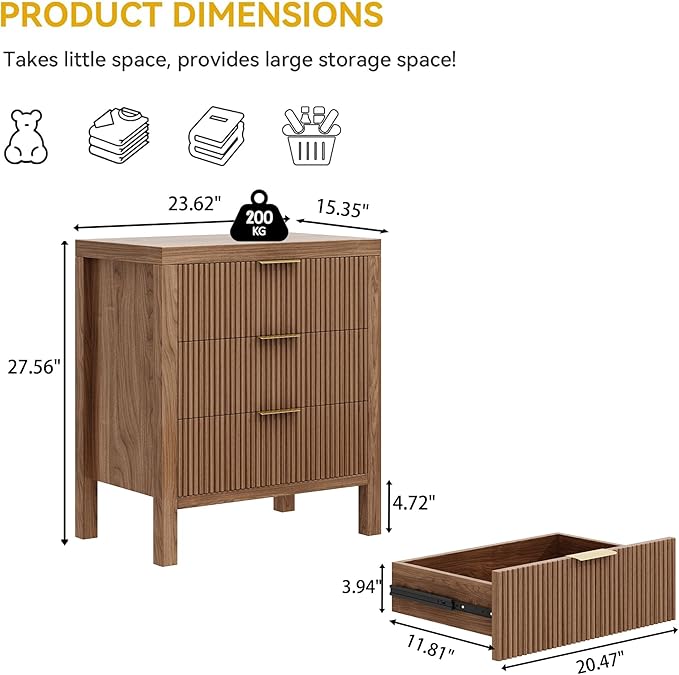 3 Drawer Dresser for Bedroom, Modern Wooden Chest with Handles, Fluted Dresser with Wide Drawers and Bearing Slide for Hallway, Entryway, Walnut