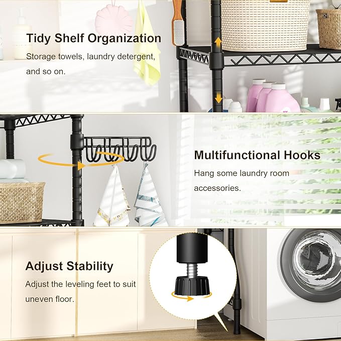Ulif U8 Laundry Room Storage Organizer, Over The Washer and Dryer Storage Shelves for Laundry Organization, 35" W x 17.3" D x 76.2" H, Suit Washing Machine Width Within 32.6", Hold 304 lb, Black