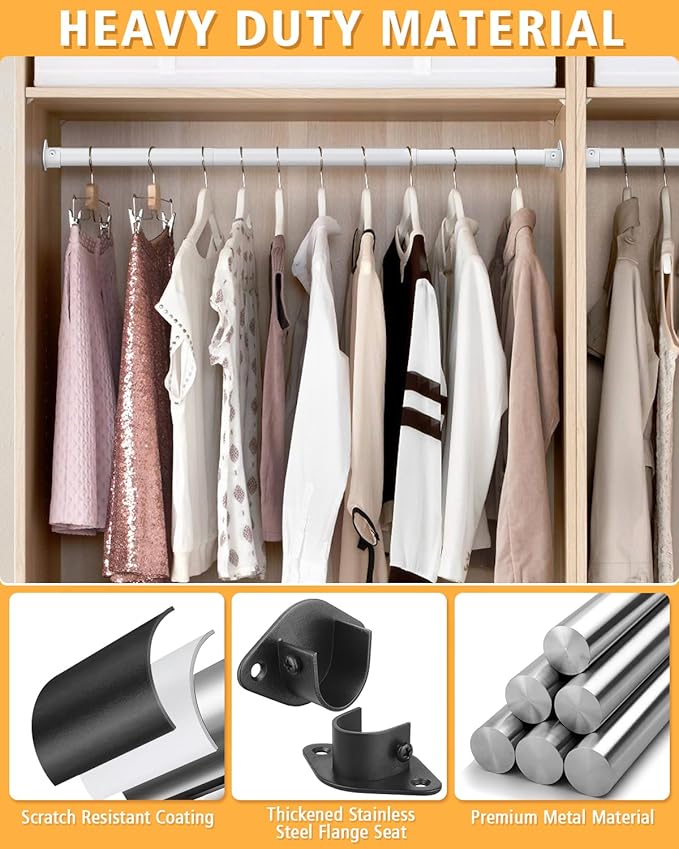 Closet Rod, 17 to 76 Inch Heavy Duty Adjustable Metal Clothing Rack for Hanging Clothes, Closet Poles for Wardrobes, Laundry, Durable Steel, White