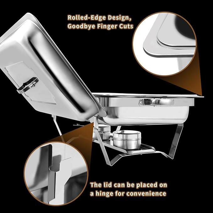 8 Qt 2 Pack Full Size Stainless Steel Chafing Dishes Buffet Set, Silver Rectangular Catering Chafer Warmer Set with Trays Pan Lid Folding Frame Stand for Kitchen Party Banquet Dining