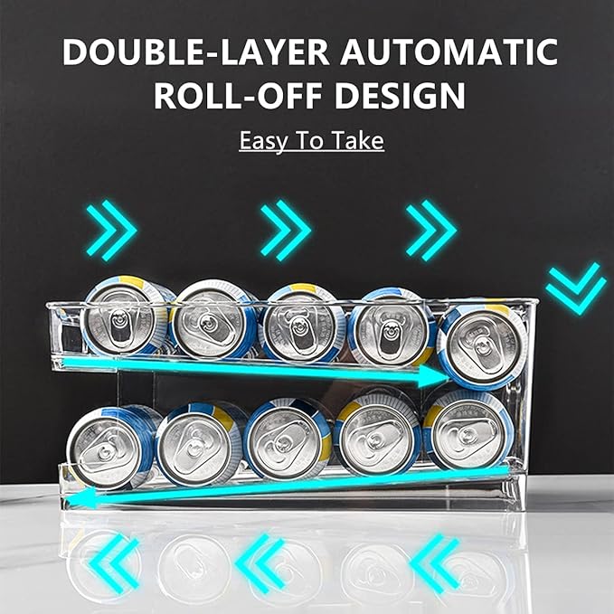 Xicennego Upgrade Double-Layer Rolling Beverage Soda Can Storage Organizer, Soda Can Dispenser for Refrigerator, Fridge Can Drink Holder, Plastic Storage Rack for Fefrigerators, Pantry (Standard)