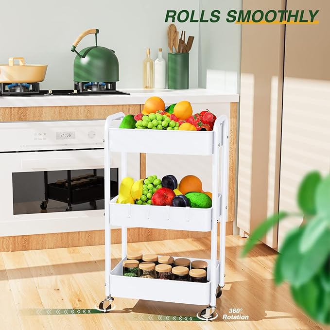 LEHOM 3 Tier Rolling Utility Cart, Metal Trolley Cart with Wheels, Hooks, Easy Assembly Organizer Storage Cart for Bathroom, Kitchen, Office, Bedroom(White)
