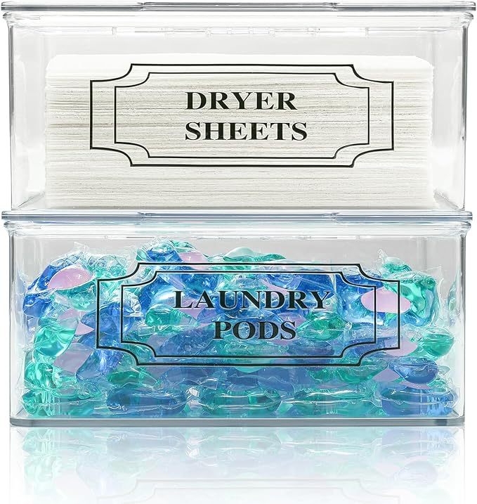 SSTATES Clear Acrylic Dryer Sheets Holder, Flip-top Laundry Pods Container with 2 Label Decals for Laundry Room Organization and Décor, Stackable Storage Box (2 Pack)