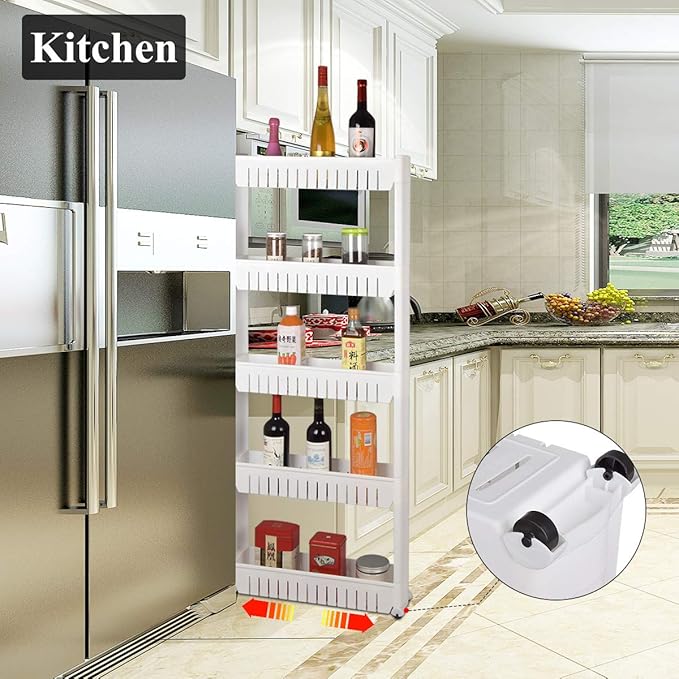 Laundry Room Organizer, Mobile Shelving Unit Organizer with 5 Large Storage Baskets, Gap Storage Slim Slide Out Pantry Storage Rack for Narrow Spaces