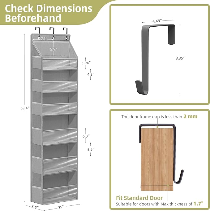 Over Door Organizer with 6 Extra Large Pockets 12 Side Pockets, Sturdy Closet Storage Rack, Hanging Storage Organizer with Clear Window for Shoes, Diapers, Toys, Bedroom, Bathroom, Grey