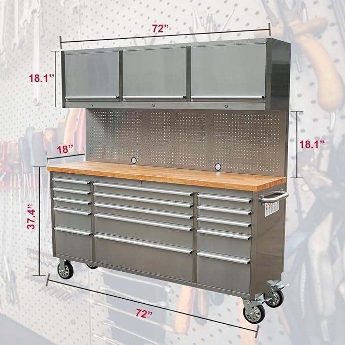 2 Pack - 72" Stainless Steel Rolling Tool Chest with 15 Drawers + 3 Upper Cabinets, Lockable Storage Cabinet, Large Mobile Workbench, Tool Box with Wheels for Garage (1 × HTC7218W1 + 1 × HTC7215W1)