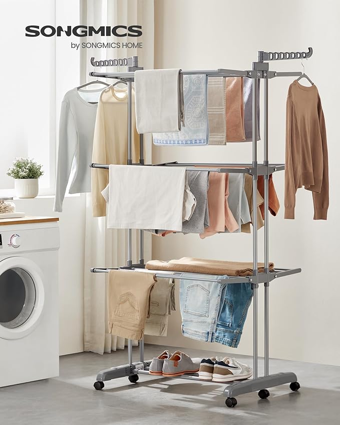 SONGMICS Clothes Drying Rack 4-Tier, Foldable Laundry Drying Rack 68.1-Inch Tall, Stainless Steel, Rolling Clothes Horses, Clothes Airer, Indoor Outdoor Use, Dove Gray ULLR703G01